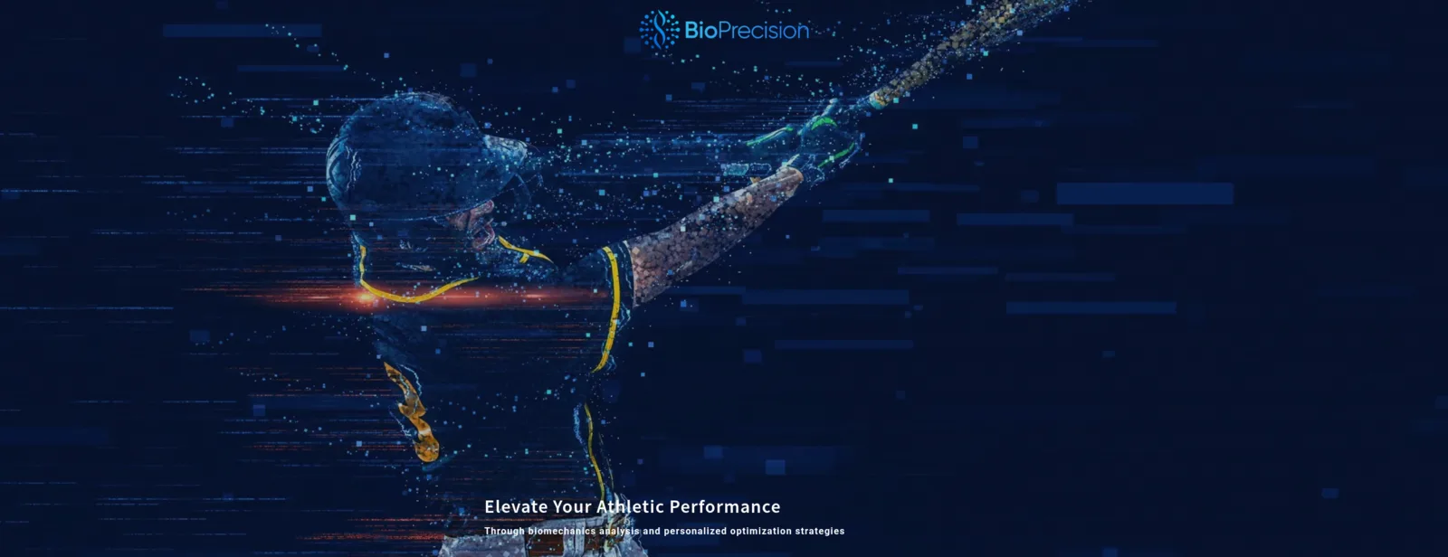 BioPrecision's first website hero: a stylized batter dissolving into particles on a dark blue background, with the line 'Elevate your athletic performance.'
