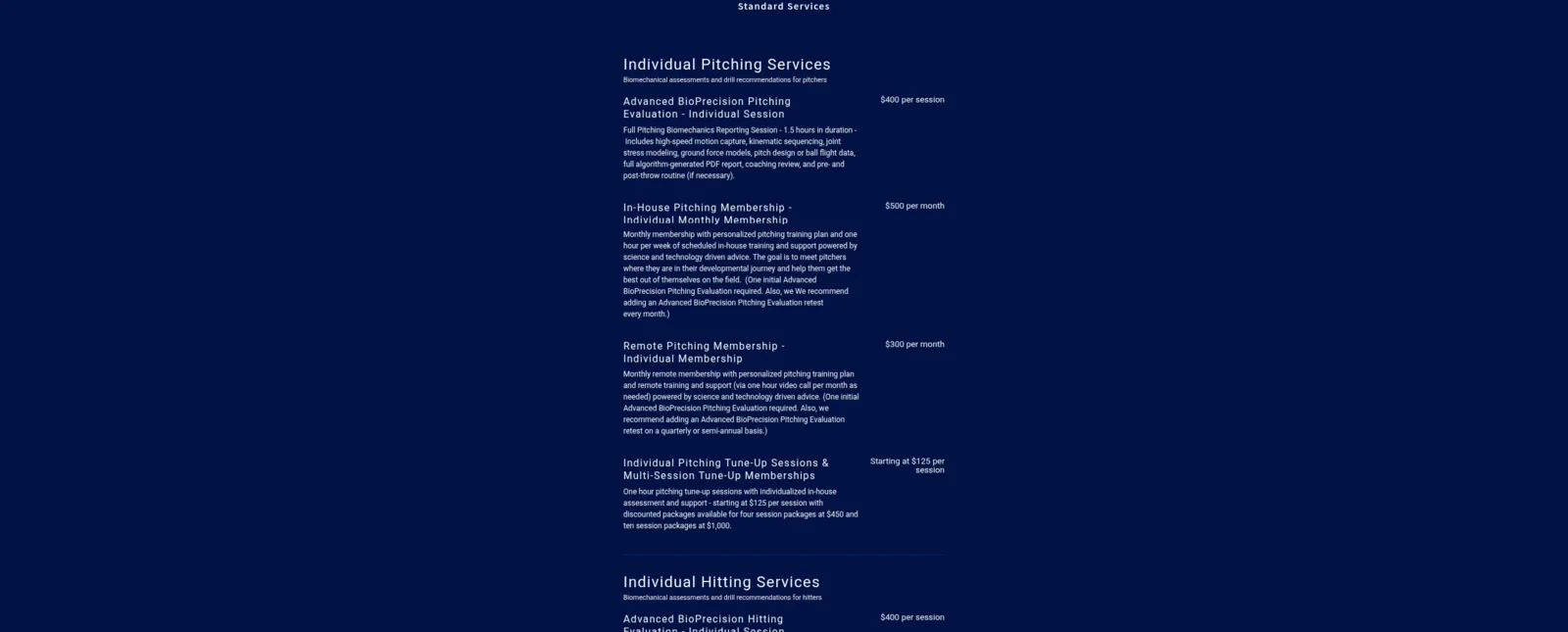 A dense services section from BioPrecision's first site, with long paragraph descriptions and monthly prices for pitching memberships.